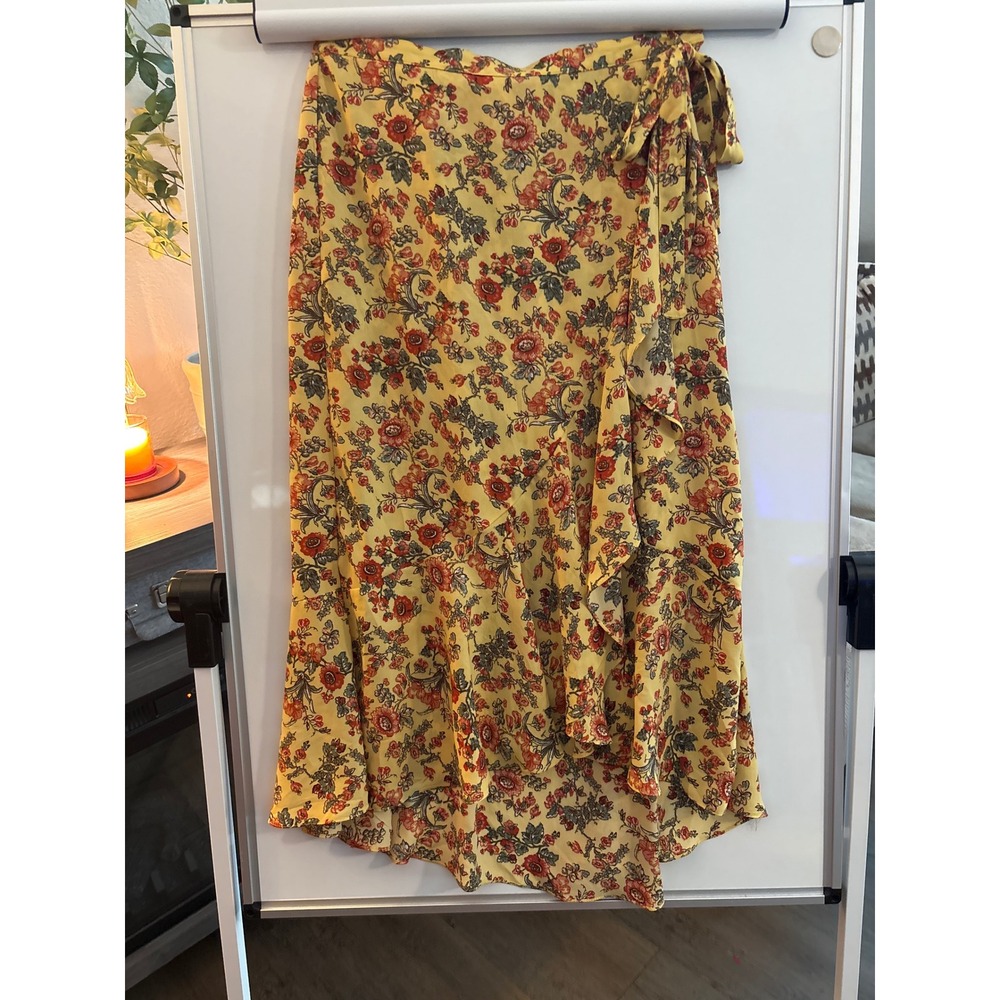 Max Studio Yellow Floral Faux Wrap Ruffle High Low Midi Skirt Large NWOT
